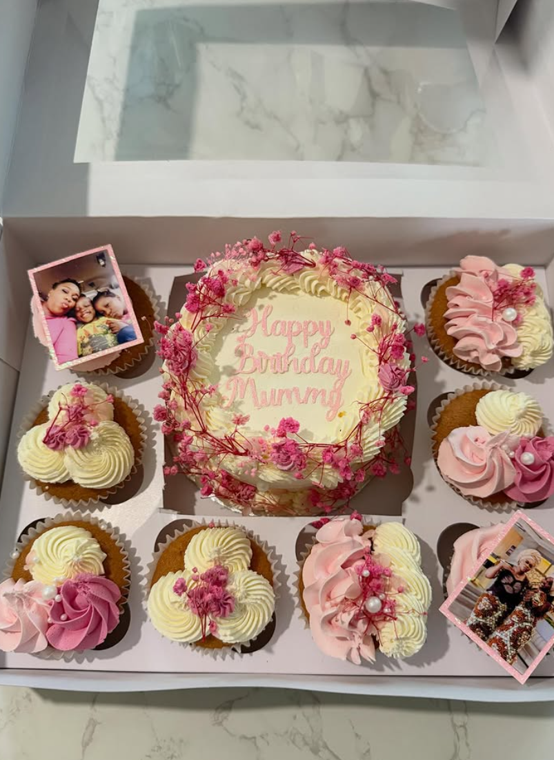 Happy Birthday Mummy cake with pink cupcakes and edible photo toppers